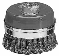 Value Collection - 4-3/8" Diam, 5/8-11 Threaded Arbor, Steel Fill Cup Brush - 0.0314 Wire Diam, 6,500 Max RPM - Benchmark Tooling