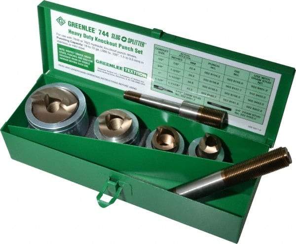 Greenlee - 7 Piece, 22.5 to 43.2mm Punch Hole Diam, Hydraulic Knockout Set - Round Punch, 10 Gage Mild Steel - Benchmark Tooling