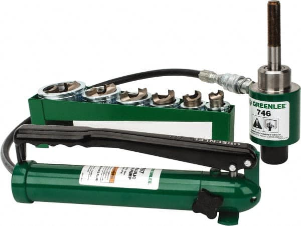 Greenlee - 21 Piece, 22.5 to 61.5" Punch Hole Diam, Hydraulic Knockout Set - Round Punch, 10 Gage Mild Steel - Benchmark Tooling