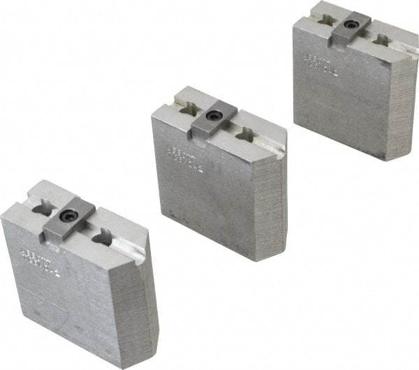 Abbott Workholding Products - 6" & Up Chuck Capacity, Tongue & Groove Attachment, Square Soft Lathe Chuck Jaw - 3 Jaws, Aluminum, 1-1/2" Btw Mount Hole Ctrs, 3" Long x 1-1/4" Wide x 3" High, 5/16" Groove, 3/8" Fastener - Benchmark Tooling