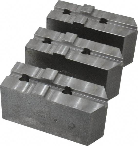 Abbott Workholding Products - 8" & Up Chuck Capacity, Tongue & Groove Attachment, Square Soft Lathe Chuck Jaw - 3 Jaws, Steel, 1-3/4" Btw Mount Hole Ctrs, 4" Long x 1-1/2" Wide x 2" High, 5/16" Groove, 3/8" Fastener - Benchmark Tooling