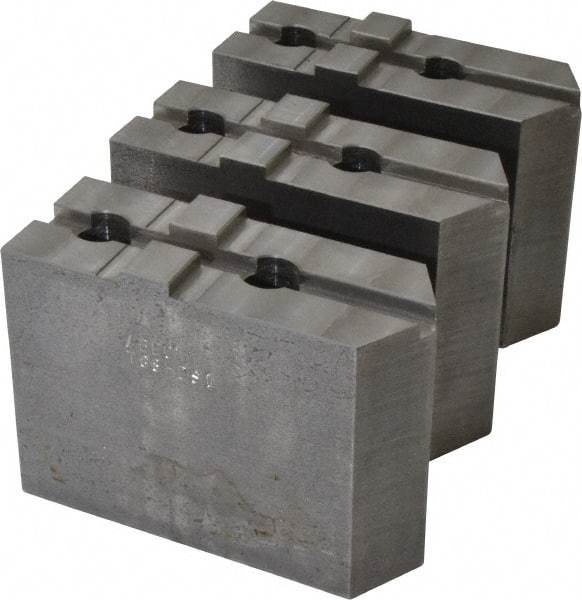 Abbott Workholding Products - 8" & Up Chuck Capacity, Tongue & Groove Attachment, Square Soft Lathe Chuck Jaw - 3 Jaws, Steel, 1-3/4" Btw Mount Hole Ctrs, 4" Long x 1-1/2" Wide x 3" High, 5/16" Groove, 1/2" Fastener - Benchmark Tooling