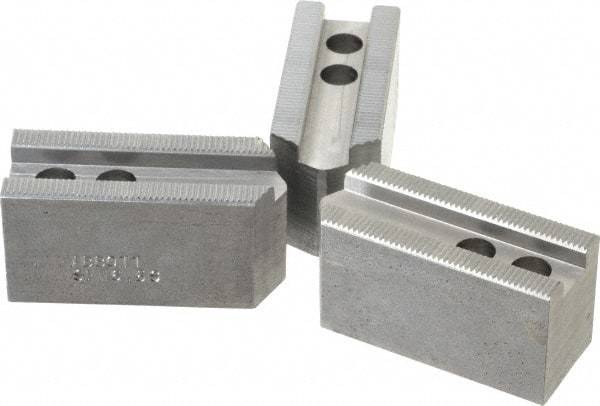 Abbott Workholding Products - 6-1/2" Chuck Capacity, 1/16" x 90 Serrated Attachment, Square Soft Lathe Chuck Jaw - 3 Jaws, Steel, 0.65" Btw Mount Hole Ctrs, 3" Long x 1-1/4" Wide x 1-1/2" High, 0.551" Groove, 0.3937" & 10mm Fastener - Benchmark Tooling