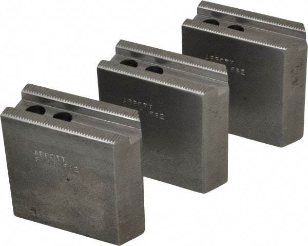 Abbott Workholding Products - 6-1/2" Chuck Capacity, 1/16" x 90 Serrated Attachment, Square Soft Lathe Chuck Jaw - 3 Jaws, Steel, 0.65" Btw Mount Hole Ctrs, 3" Long x 1-1/4" Wide x 3" High, 0.551" Groove, 0.3937" & 10mm Fastener - Benchmark Tooling