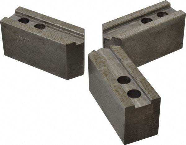 Abbott Workholding Products - 8" & Up Chuck Capacity, 1/16" x 90 Serrated Attachment, Square Soft Lathe Chuck Jaw - 3 Jaws, Steel, 29/32" Btw Mount Hole Ctrs, 4" Long x 1-1/2" Wide x 2" High, 0.669" Groove, 0.4724" & 12mm Fastener - Benchmark Tooling