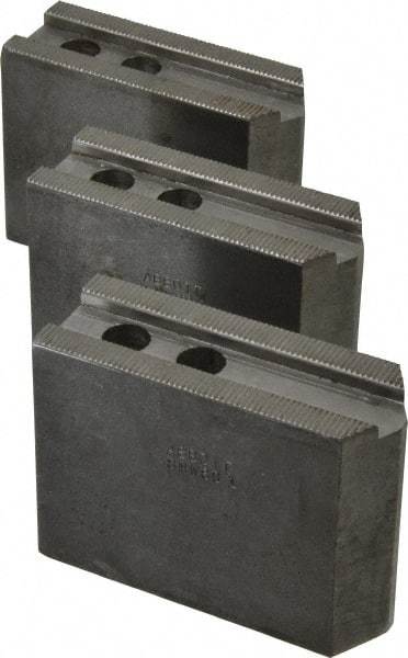 Abbott Workholding Products - 8" & Up Chuck Capacity, 1/16" x 90 Serrated Attachment, Square Soft Lathe Chuck Jaw - 3 Jaws, Steel, 29/32" Btw Mount Hole Ctrs, 4" Long x 1-1/2" Wide x 3" High, 0.669" Groove, 0.4724" & 12mm Fastener - Benchmark Tooling