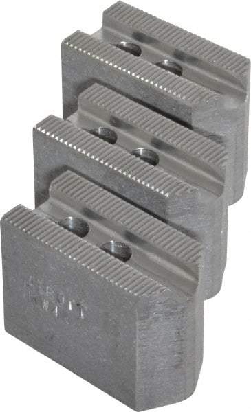 Abbott Workholding Products - 4" & Up Chuck Capacity, 1.5mm x 60° Serrated Attachment, Square Soft Lathe Chuck Jaw - 3 Jaws, Aluminum, 0.5512" Btw Mount Hole Ctrs, 2" Long x 1" Wide x 1-1/2" High, 0.3937" Groove, 0.315" & 8mm Fastener - Benchmark Tooling