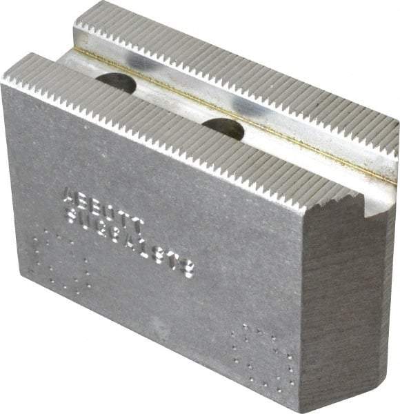 Abbott Workholding Products - 6" & Up Chuck Capacity, 1.5mm x 60° Serrated Attachment, Square Soft Lathe Chuck Jaw - 3 Jaws, Aluminum, 63/64" Btw Mount Hole Ctrs, 3" Long x 1-1/4" Wide x 2" High, 0.4331" Groove, 0.315" & 8mm Fastener - Benchmark Tooling