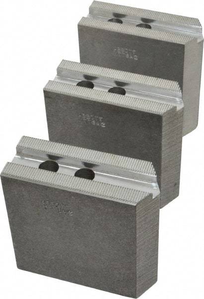 Abbott Workholding Products - 8" & Up Chuck Capacity, 1.5mm x 60° Serrated Attachment, Square Soft Lathe Chuck Jaw - 3 Jaws, Aluminum, 63/64" Btw Mount Hole Ctrs, 4" Long x 1-1/2" Wide x 4" High, 0.5512" Groove, 0.4724" & 12mm Fastener - Benchmark Tooling