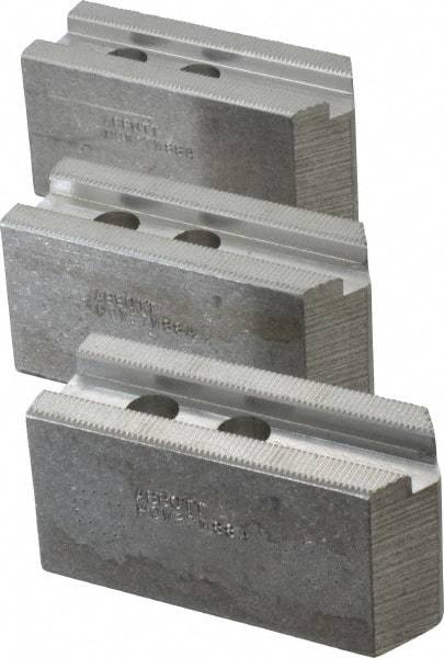 Abbott Workholding Products - 8" & Up Chuck Capacity, 1.5mm x 60° Serrated Attachment, Square Soft Lathe Chuck Jaw - 3 Jaws, Aluminum, 63/64" Btw Mount Hole Ctrs, 4" Long x 1-1/2" Wide x 2" High, 0.6299" Groove, 0.4724" & 12mm Fastener - Benchmark Tooling