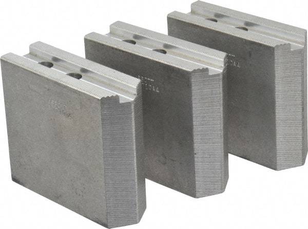 Abbott Workholding Products - 10" & Up Chuck Capacity, 1.5mm x 60° Serrated Attachment, Square Soft Lathe Chuck Jaw - 3 Jaws, Aluminum, 1.1811" Btw Mount Hole Ctrs, 4-1/2" Long x 1-1/2" Wide x 4" High, 0.6299" Groove, 0.4724" & 12mm Fastener - Benchmark Tooling