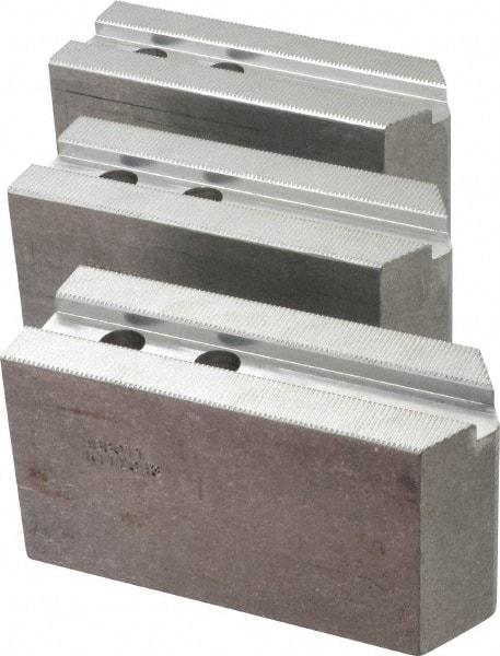 Abbott Workholding Products - 10" & Up Chuck Capacity, 1.5mm x 60° Serrated Attachment, Square Soft Lathe Chuck Jaw - 3 Jaws, Aluminum, 1.1811" Btw Mount Hole Ctrs, 5-1/2" Long x 2" Wide x 3" High, 0.6299" Groove, 0.4724" & 12mm Fastener - Benchmark Tooling