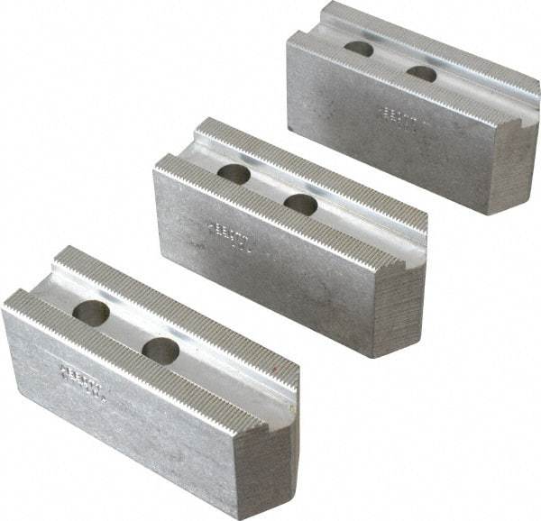 Abbott Workholding Products - 10" & Up Chuck Capacity, 1.5mm x 60° Serrated Attachment, Square Soft Lathe Chuck Jaw - 3 Jaws, Aluminum, 1.2598" Btw Mount Hole Ctrs, 4-1/2" Long x 1-1/2" Wide x 2" High, 0.6299" Groove, 0.4724" & 12mm Fastener - Benchmark Tooling