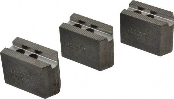 Abbott Workholding Products - 4" & Up Chuck Capacity, 1.5mm x 60° Serrated Attachment, Square Soft Lathe Chuck Jaw - 3 Jaws, Steel, 0.5512" Btw Mount Hole Ctrs, 2" Long x 1" Wide x 1-1/2" High, 0.3937" Groove, 0.315" & 8mm Fastener - Benchmark Tooling