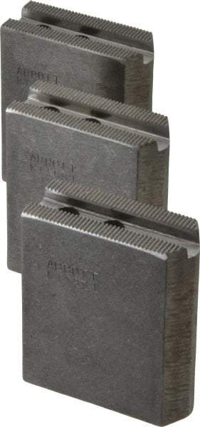 Abbott Workholding Products - 5" & Up Chuck Capacity, 1.5mm x 60° Serrated Attachment, Square Soft Lathe Chuck Jaw - 3 Jaws, Steel, 0.7087" Btw Mount Hole Ctrs, 2-1/2" Long x 1" Wide x 3" High, 0.3937" Groove, 0.315" & 8mm Fastener - Benchmark Tooling