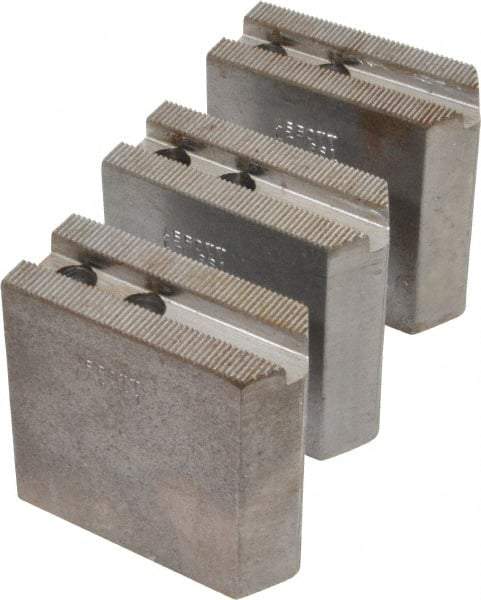 Abbott Workholding Products - 6" & Up Chuck Capacity, 1.5mm x 60° Serrated Attachment, Square Soft Lathe Chuck Jaw - 3 Jaws, Steel, 0.7874" Btw Mount Hole Ctrs, 3" Long x 1-1/4" Wide x 3" High, 0.4331" Groove, 0.3937" & 10mm Fastener - Benchmark Tooling