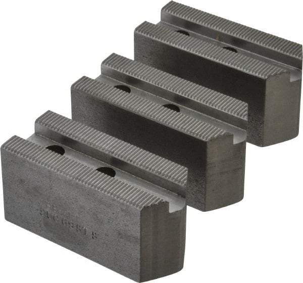 Abbott Workholding Products - 6" & Up Chuck Capacity, 1.5mm x 60° Serrated Attachment, Square Soft Lathe Chuck Jaw - 3 Jaws, Steel, 63/64" Btw Mount Hole Ctrs, 3" Long x 1-1/4" Wide x 1-1/2" High, 0.4331" Groove, 0.315" & 8mm Fastener - Benchmark Tooling