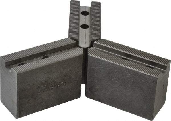 Abbott Workholding Products - 6" & Up Chuck Capacity, 1.5mm x 60° Serrated Attachment, Square Soft Lathe Chuck Jaw - 3 Jaws, Steel, 63/64" Btw Mount Hole Ctrs, 3" Long x 1-1/4" Wide x 2" High, 0.4331" Groove, 0.315" & 8mm Fastener - Benchmark Tooling