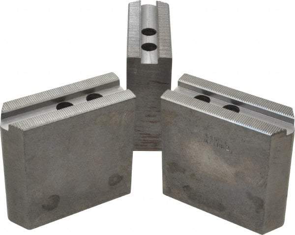 Abbott Workholding Products - 8" & Up Chuck Capacity, 1.5mm x 60° Serrated Attachment, Square Soft Lathe Chuck Jaw - 3 Jaws, Steel, 63/64" Btw Mount Hole Ctrs, 4" Long x 1-1/2" Wide x 4" High, 0.5512" Groove, 0.4724" & 12mm Fastener - Benchmark Tooling