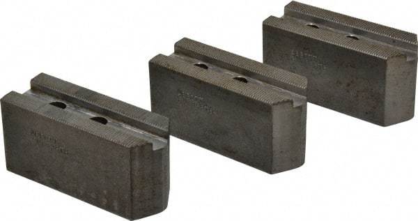 Abbott Workholding Products - 8" & Up Chuck Capacity, 1.5mm x 60° Serrated Attachment, Square Soft Lathe Chuck Jaw - 3 Jaws, Steel, 1.1811" Btw Mount Hole Ctrs, 4" Long x 1-1/2" Wide x 2" High, 0.5512" Groove, 0.3937" & 10mm Fastener - Benchmark Tooling
