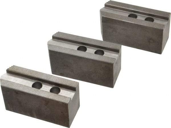 Abbott Workholding Products - 8" & Up Chuck Capacity, 1.5mm x 60° Serrated Attachment, Square Soft Lathe Chuck Jaw - 3 Jaws, Steel, 63/64" Btw Mount Hole Ctrs, 4" Long x 1-1/2" Wide x 2" High, 0.6299" Groove, 0.4724" & 12mm Fastener - Benchmark Tooling