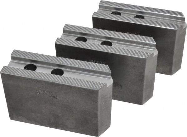 Abbott Workholding Products - 10" & Up Chuck Capacity, 1.5mm x 60° Serrated Attachment, Square Soft Lathe Chuck Jaw - 3 Jaws, Steel, 1.1811" Btw Mount Hole Ctrs, 4-1/2" Long x 1-1/2" Wide x 3" High, 0.6299" Groove, 0.4724" & 12mm Fastener - Benchmark Tooling