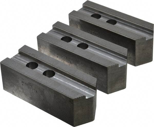 Abbott Workholding Products - 12" & Up Chuck Capacity, 1.5mm x 60° Serrated Attachment, Square Soft Lathe Chuck Jaw - 3 Jaws, Steel, 1.1811" Btw Mount Hole Ctrs, 5-1/2" Long x 2" Wide x 2" High, 0.8268" Groove, 0.6299" & 16mm Fastener - Benchmark Tooling