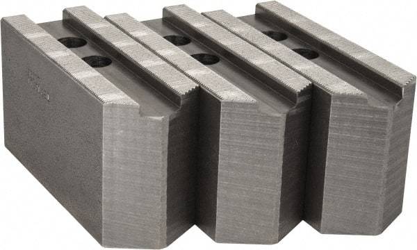 Abbott Workholding Products - 12" & Up Chuck Capacity, 1.5mm x 60° Serrated Attachment, Square Soft Lathe Chuck Jaw - 3 Jaws, Steel, 1.1811" Btw Mount Hole Ctrs, 5-1/2" Long x 2" Wide x 3" High, 0.8268" Groove, 0.6299" & 16mm Fastener - Benchmark Tooling