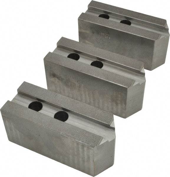 Abbott Workholding Products - 15 to 18" Chuck Capacity, 1.5mm x 60° Serrated Attachment, Square Soft Lathe Chuck Jaw - 3 Jaws, Steel, 1.6929" Btw Mount Hole Ctrs, 6-1/2" Long x 2-1/2" Wide x 3" High, 0.8661" Groove, 0.7874" & 20mm Fastener - Benchmark Tooling