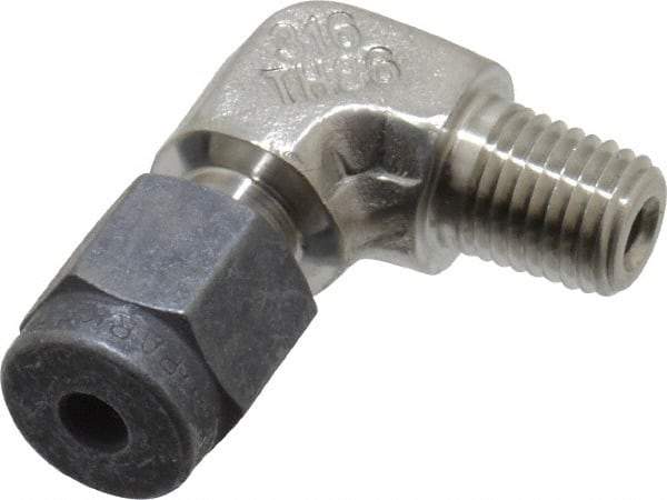 Parker - 1/8" OD, Stainless Steel Male Elbow - 7/16" Hex, Comp x MNPT Ends - Benchmark Tooling