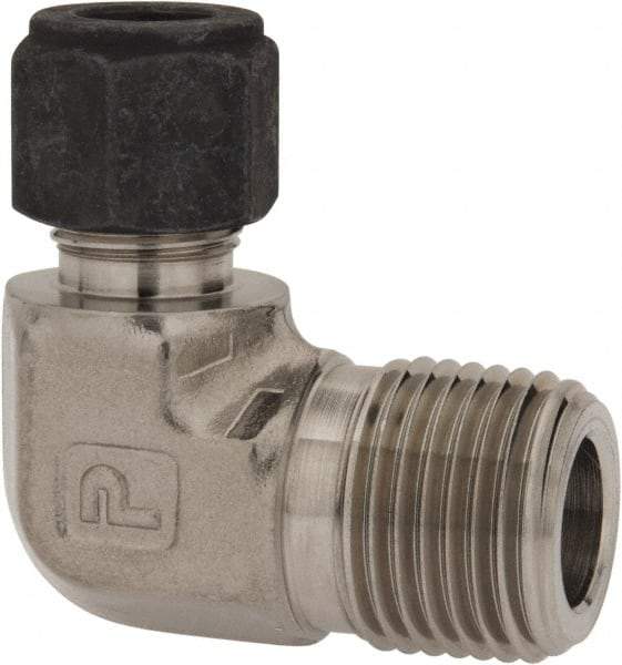 Parker - 3/8" OD, Stainless Steel Male Elbow - 7/8" Hex, Comp x MNPT Ends - Benchmark Tooling