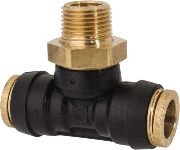 Parker - 1/2" Tube OD, 3/8 NPT Composite Push-to-Connect Tube Male Swivel Branch Tee - 250 Max psi, Tube to Male NPT Connection, Buna-N O-Ring, -40 to 200°F Working Temp - Benchmark Tooling