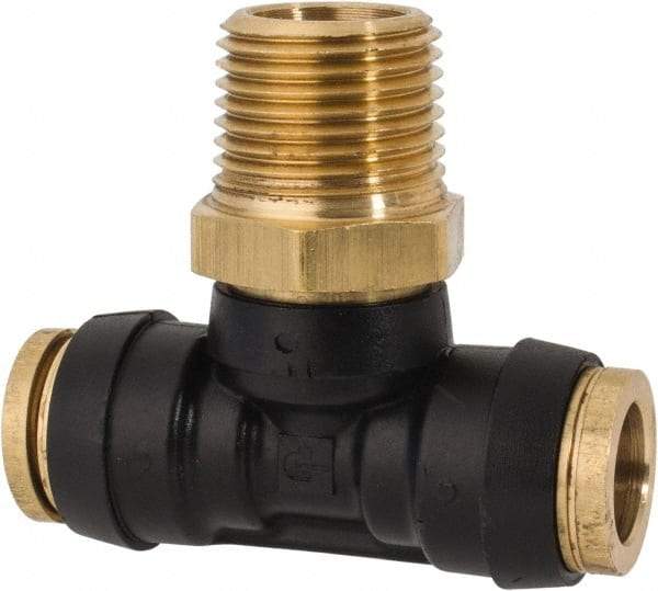 Parker - 1/2" Tube OD, 1/2 NPT Composite Push-to-Connect Tube Male Swivel Branch Tee - 250 Max psi, Tube to Male NPT Connection, Buna-N O-Ring, -40 to 200°F Working Temp - Benchmark Tooling