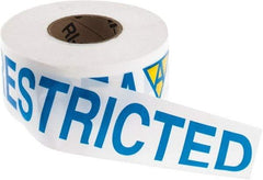 NMC - 1,000' Long x 3" Wide Roll, Vinyl, White, Blue & Yellow Barricade Tape - Message: Restricted Area - Benchmark Tooling