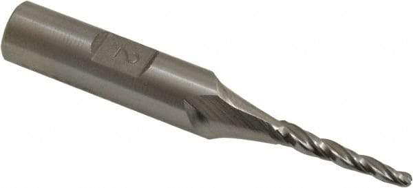 Made in USA - 2° Taper Angle per Side, 3/32" Small End Diam, 3/4" LOC, High Speed Steel 3 Flute Tapered Ball End Mill - 2-1/2" OAL, 3/8" Shank Diam - Benchmark Tooling