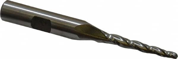 Made in USA - 2° Taper Angle per Side, 1/8" Small End Diam, 1-1/4" LOC, High Speed Steel 3 Flute Tapered Ball End Mill - 3-1/8" OAL, 3/8" Shank Diam - Benchmark Tooling