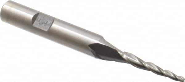 Made in USA - 3° Taper Angle per Side, 3/32" Small End Diam, 1" LOC, High Speed Steel 3 Flute Tapered Ball End Mill - 2-7/8" OAL, 3/8" Shank Diam - Benchmark Tooling