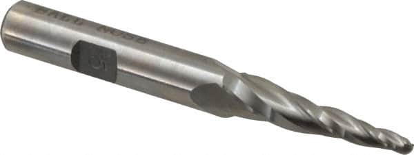 Made in USA - 5° Taper Angle per Side, 1/8" Small End Diam, 1-1/4" LOC, High Speed Steel 3 Flute Tapered Ball End Mill - 3-1/8" OAL, 3/8" Shank Diam - Benchmark Tooling