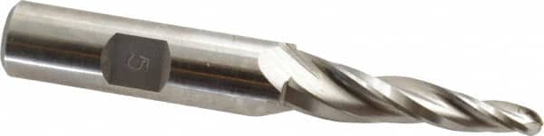 Made in USA - 5° Taper Angle per Side, 3/16" Small End Diam, 1-1/2" LOC, High Speed Steel 3 Flute Tapered Ball End Mill - 3-1/8" OAL, 1/2" Shank Diam - Benchmark Tooling