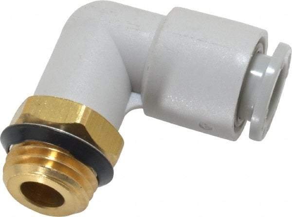 SMC PNEUMATICS - 8mm OD, 1/4 Universal, Brass/Polybutylene Push-to-Connect Male Elbow - 145 Max psi, White - Benchmark Tooling