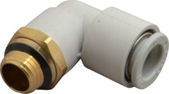 SMC PNEUMATICS - 10mm OD, 1/4 Universal, Brass/Polybutylene Push-to-Connect Male Elbow - 145 Max psi, White - Benchmark Tooling