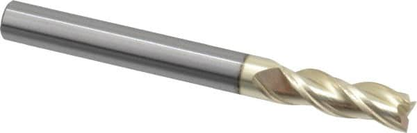 Accupro - 1/4", 3/4" LOC, 1/4" Shank Diam, 2-1/2" OAL, 3 Flute, Solid Carbide Square End Mill - Single End, ZrN Finish, Spiral Flute, Variable° Helix, Centercutting, Right Hand Cut, Right Hand Flute - Benchmark Tooling