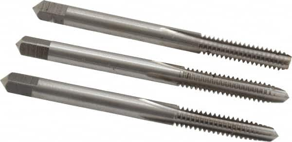 Interstate - #10-24 UNC, 4 Flute, Bottoming, Plug & Taper, Bright Finish, High Speed Steel Tap Set - Right Hand Cut, 2-3/8" OAL, 7/8" Thread Length - Benchmark Tooling