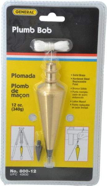 General - 5 Inch Long, 1-3/8 Inch Diameter Brass Plumb Bob - 12 Ounce, Has Replacable Tip - Benchmark Tooling