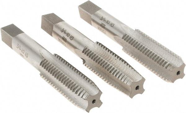 Interstate - 3/4-10 UNC, 4 Flute, Bottoming, Plug & Taper, Bright Finish, High Speed Steel Tap Set - Right Hand Cut, 4-1/4" OAL, 2" Thread Length - Benchmark Tooling