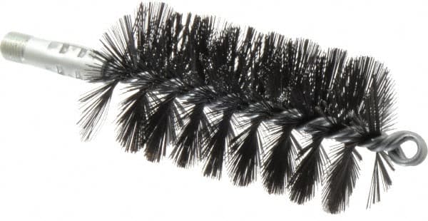 Schaefer Brush - 4-1/2" Brush Length, 2-1/2" Diam, Double Stem, Single Spiral Flue Brush - 7-1/2" Long, Tempered Steel Wire, 1/4" NPSM Male Connection - Benchmark Tooling