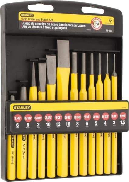 Stanley - 12 Piece Punch & Chisel Set - 3/8 to 5/8" Chisel, 1/16 to 5/16" Punch, Hex Shank - Benchmark Tooling