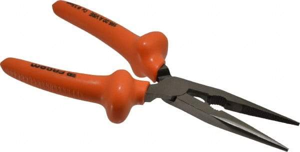 Facom - 8-9/32" OAL, 2-23/32" Jaw Length x 1-3/8" Jaw Width, Long Nose Side Cutting Burnished Insulated Pliers - Serrated Jaw, Half Round Nose Head, Plastic Coated Handles - Benchmark Tooling