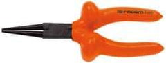 Facom - 6-7/8" OAL, 1-25/32" Jaw Length x 1-5/16" Jaw Width, Long Nose Side Cutting Insulated Pliers - Serrated Jaw, Round Thin Nose Head, Cushion Grip Handles - Benchmark Tooling