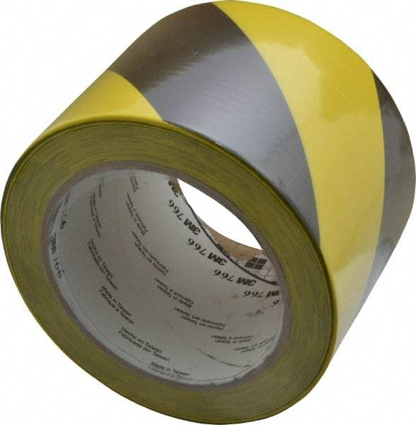 3M - Black & Yellow Striped Vinyl Tape - 3" Wide x 108' Long x 0.005" Thick, General Traffic - Benchmark Tooling